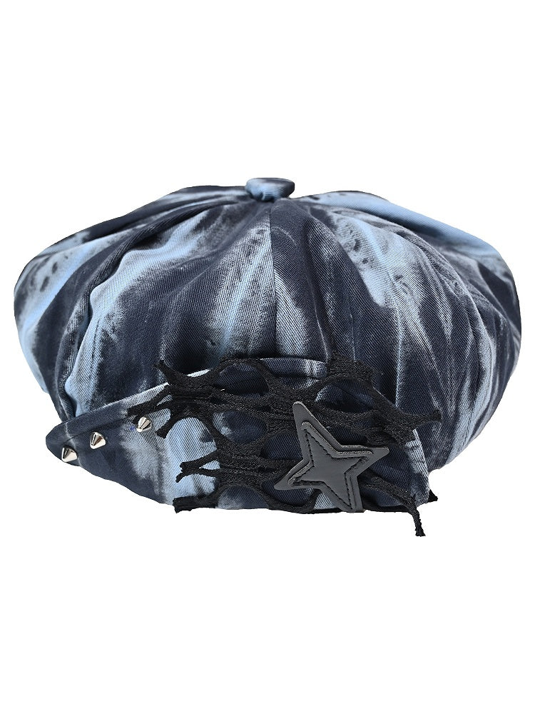 Grunge Punk Rock PU Star Studs Design Blue and Black Tie Dye Beret