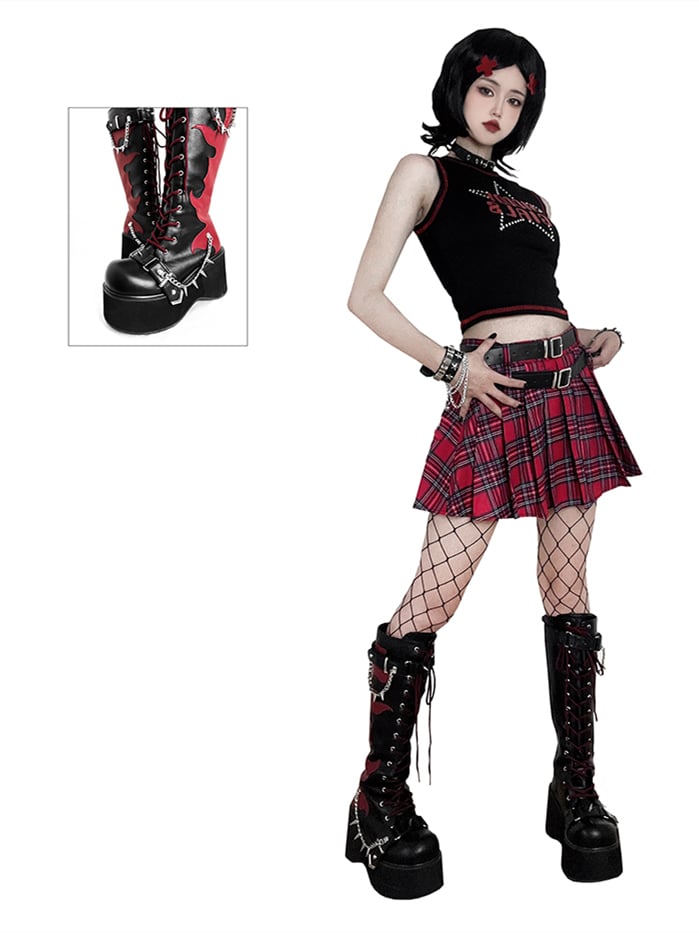 Black and Red Punk Goth Platform Boots Spike Studs Chains Knee-high Boots