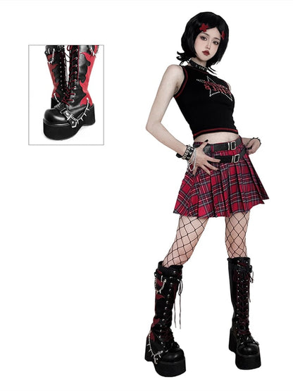 Black and Red Punk Goth Platform Boots Spike Studs Chains Knee-high Boots