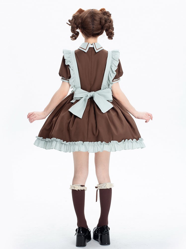 Brown and Mint Green Kitty Maid Lolita Short Puff Sleeves Dress + Apron