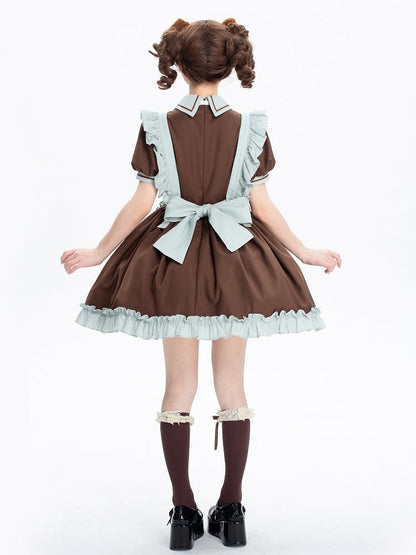 Brown and Mint Green Kitty Maid Lolita Short Puff Sleeves Dress + Apron