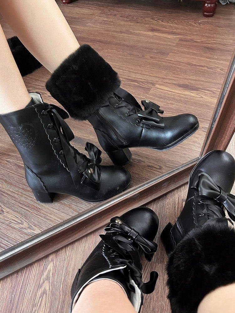PU Black Sweet Lolita Mid-Calf Boots - Lace-Up Design with Detachable Bow & Plush Cuff
