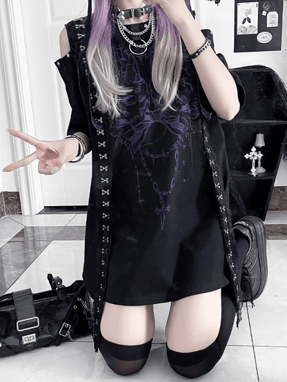 Black&Purple Emo Punk Cutout Shoulder Design T-shirt