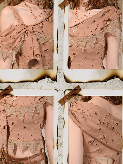 Light Brown Wasteland Punk Distressed Holes Asymmetrical Neckline Top