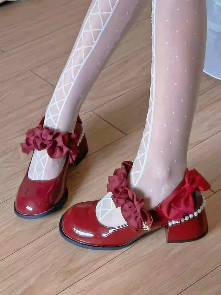 Polished Wine Red Round Toe Ruffle Trim 6CM Block Heel Mary Janes with Beaded Chain