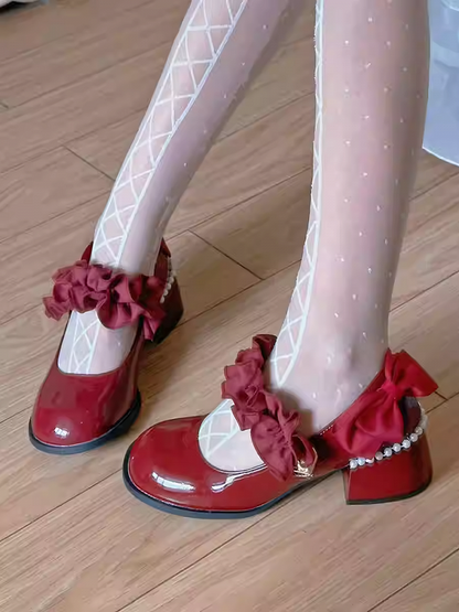 Polished Wine Red Round Toe Ruffle Trim 6CM Block Heel Mary Janes with Beaded Chain