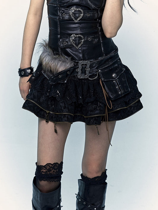 Black  Lace-up Details Lace Trim Tiered Skirt