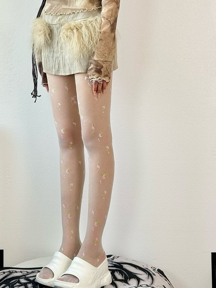 White Floral Details Tights