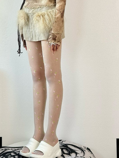 White Floral Details Tights