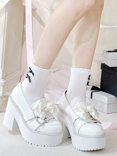 Polished White Jirai Kei Cross Chain Decorated Bow Rhinestoned Buckles Platform Loafers