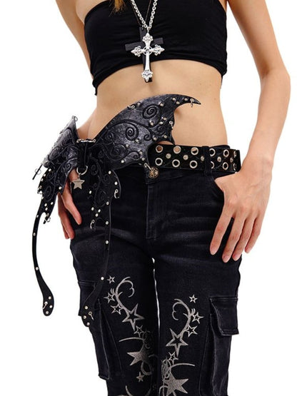 Punk Black/Silver Butterfly PU Waist Belt