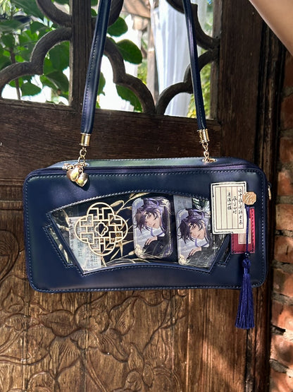 Dark Blue Embroidered Bamboo Leaf Cheongsam Style Ita Shoulder Bag with Fringe Charm