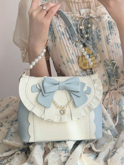 Blue & White Elegant Lolita Bag - Sparkling Heart Charm, Beaded Decor Bow & Dual Interchangeable Straps