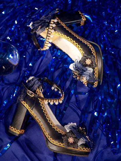 Black & Dark Blue Bowknot and Floral 5.5CM/8CM Lolita Block Heels