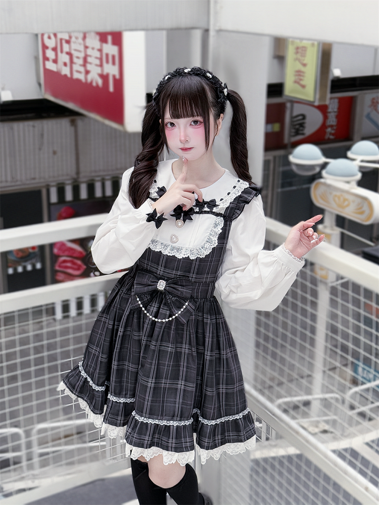 Vintage Academia Dress: Jirai Kei Gray Plaid with Peter Pan Collar & Big Waist Bow