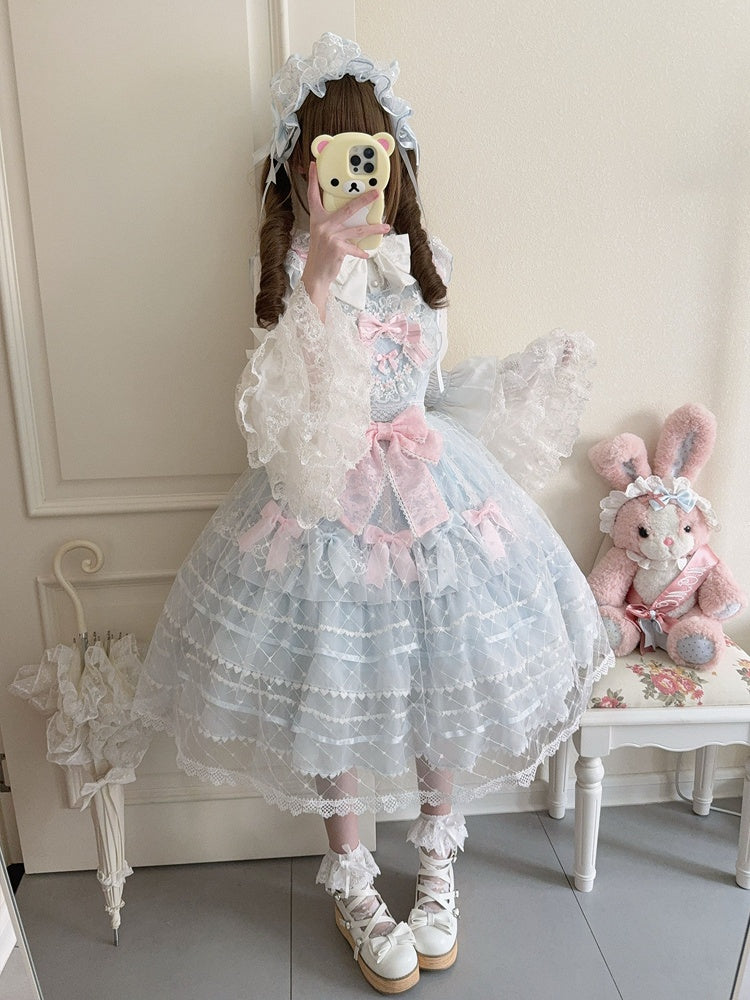 Blue Flower Applique Heart Bodice Overlay Hem Princess Lolita Jumper Skirt