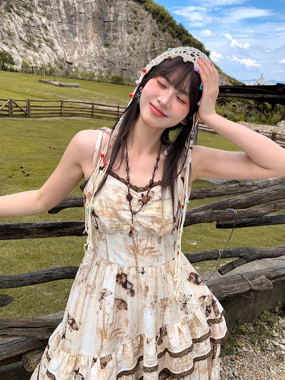 Vintage Butterfly Print Handkerchief Hem Apricot Tie Dye Spaghetti Strap Dress