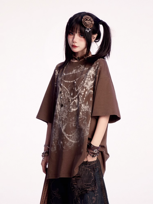 Wasteland Punk Brown Round Neck Graphic T-shirt