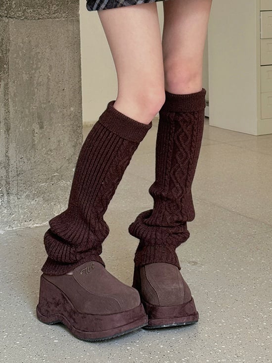 White/Dark Brown/Grey Knitted Leg Warmers