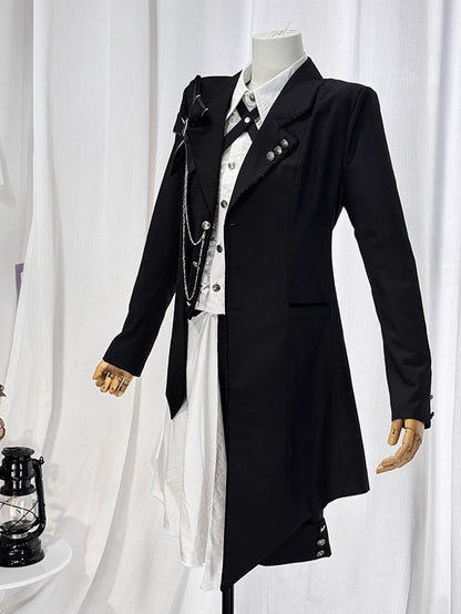 Ouji Lolita White and Black Eight-Piece Set - Asymmetrical Design Coat + Shirt + Shorts + Matching Accessories