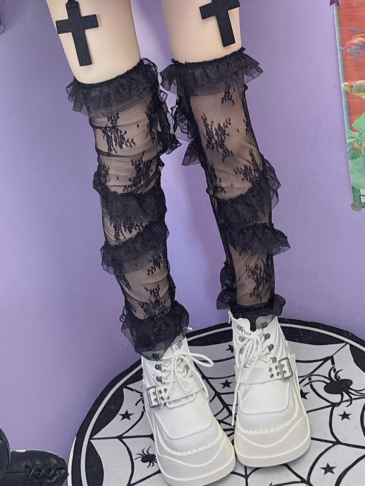 Black Y2K Lace Trim Loose Leg Sleeves