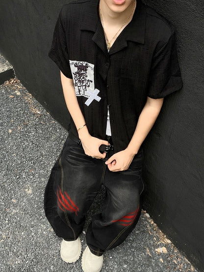 Punk Applique Black/White Notched Collar Short Sleeves Shirt