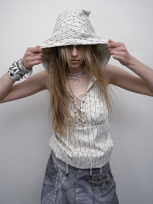 White Striped Pattern Star Print Lace-up Detail Hoodie Sleeveless Top
