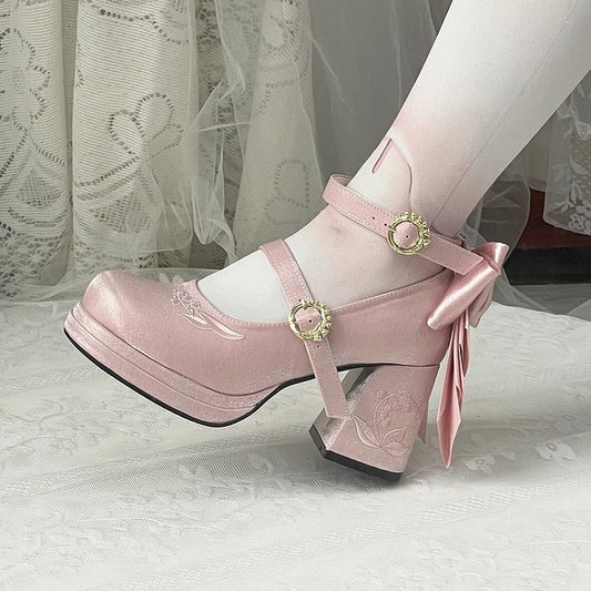 Pink Detachable Bowknot Lily of the Valley Embroidery Middle Heels Mary Janes