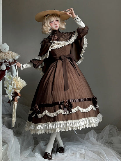 Brown High-low Hem Cape with Beige Scalloped Eyelet Trimming