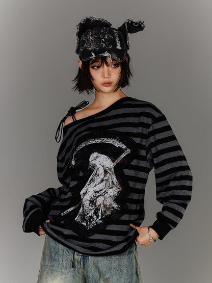Black & Gray Stripes Drawstring Design Asymmetrical Neckline Applique Punk Top