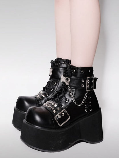 Punk Matte Black Platform Ankle Boots Silver-tone Studs