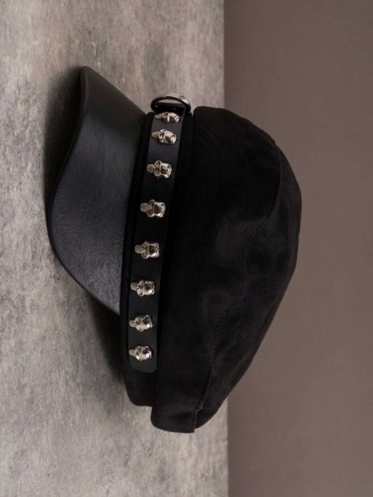 Black Gothic Skeleton Decorated Buckle Design Beret Hat