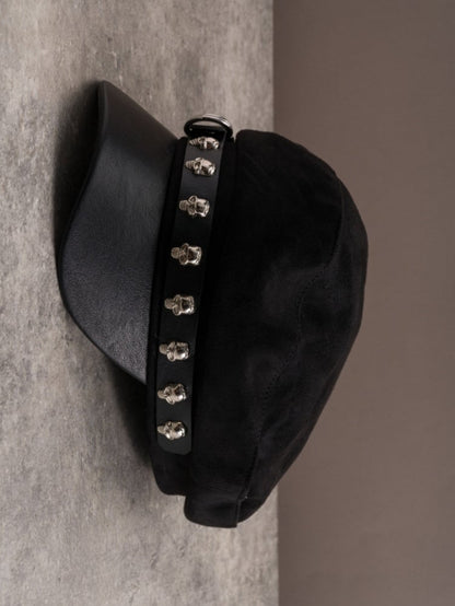 Black Gothic Skeleton Decorated Buckle Design Beret Hat