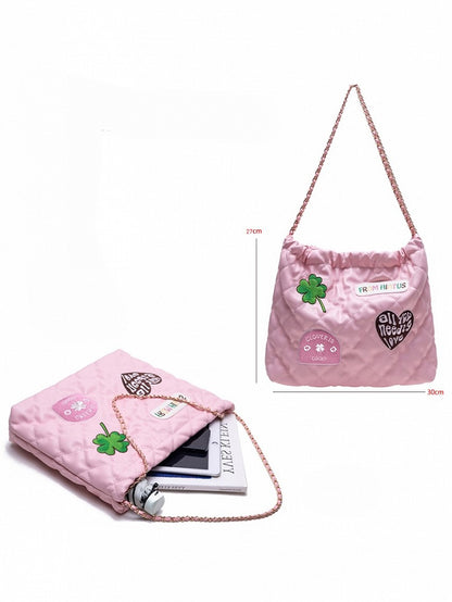 Sweet Pink Diamond Quilted Drawstring Shoulder Bag With Clover And Letter Embroidery
