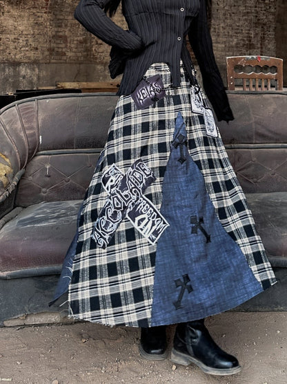 Wasteland Punk Cross Appliques Plaid Patchwork Design Skirt