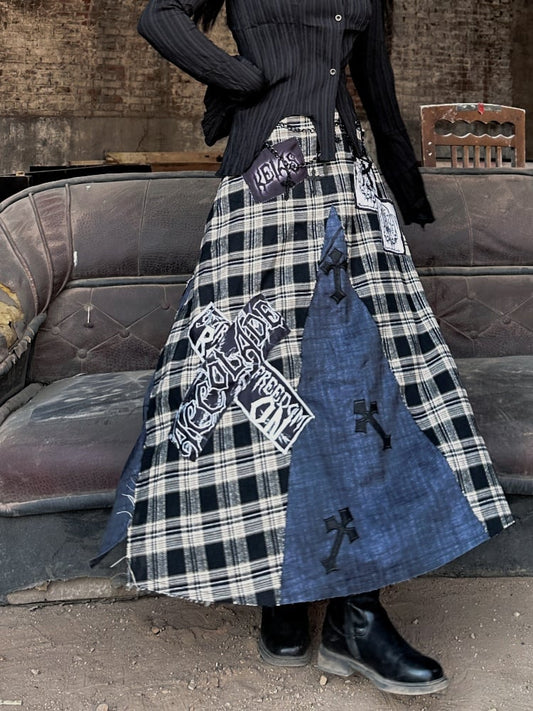 Wasteland Punk Cross Appliques Plaid Patchwork Design Skirt
