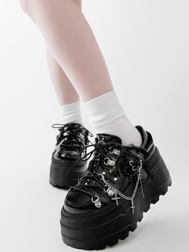 Black Punk Front Lace-up Ties Design Platform Shoes With Detachable Cross Charm Chain