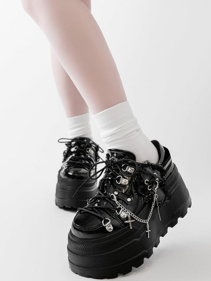 Black Punk Front Lace-up Ties Design Platform Shoes With Detachable Cross Charm Chain