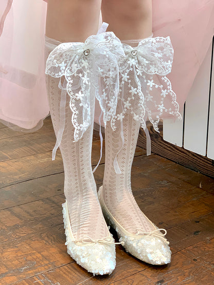 White/Pink/Yellow/Blue Lace Bowknot With Rhinestone Charm Socks