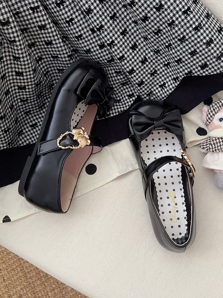 Black Bow at Top Sweet Lolita Flats with Hugging Bear Heart Buckles
