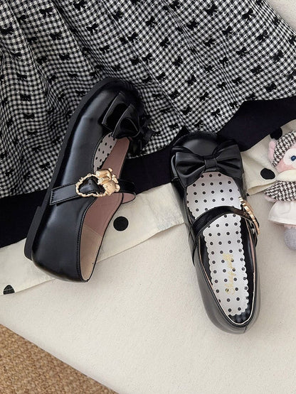 Black Bow at Top Sweet Lolita Flats with Hugging Bear Heart Buckles