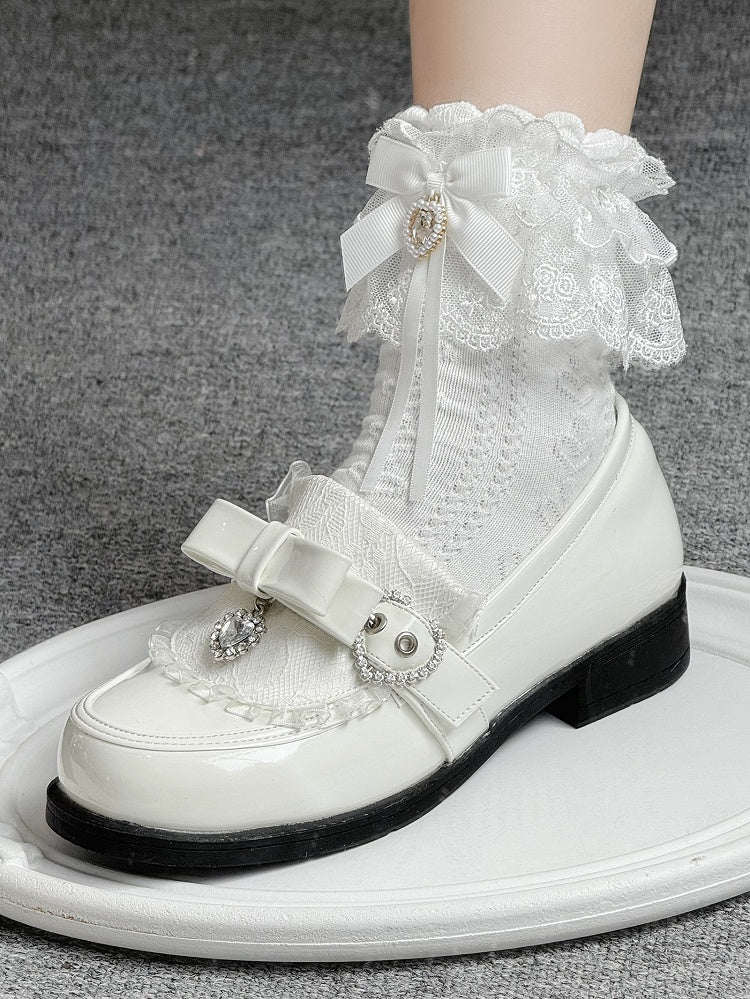 Rhinestone Heart Details & Bow Accent PU Polished White Low-heel Loafers in Jirai Kei