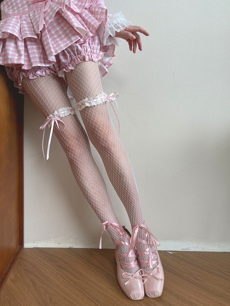 Pink/Blue Bowknot Details Lace Trim Fishnet Tights