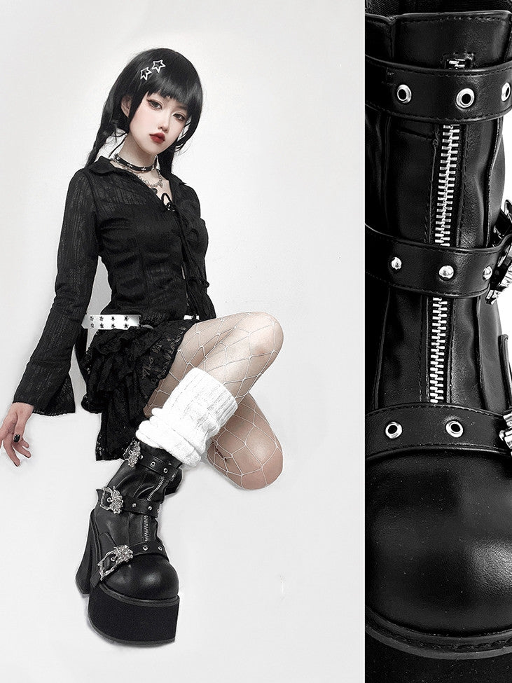 Dragon-shaped Buckle Straps Black Punk Boots High Block Heel