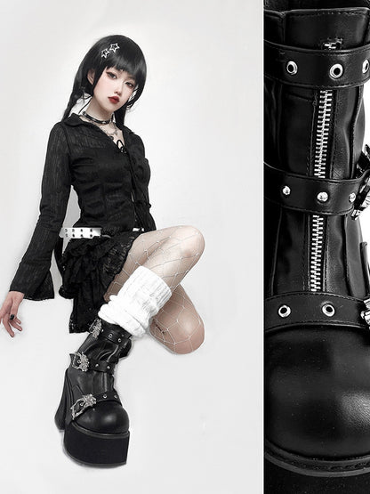 Dragon-shaped Buckle Straps Black Punk Boots High Block Heel