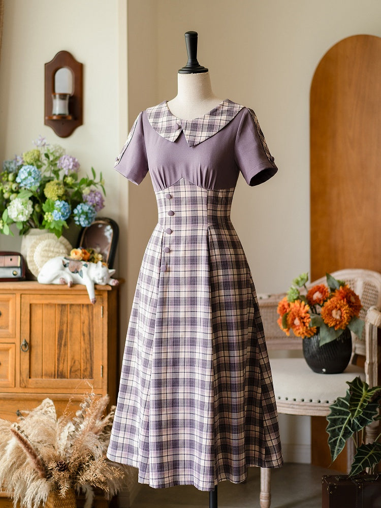Light Purple Plaid Pattern Slim Fit Waist Retro Fashion Short Sleeves Dress