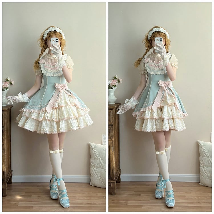 Clearance-Size L for Bust 86-94CM Pink and Green Slim Fit Waist Elegant Tiered Skirt Lolita Jumper Skirt