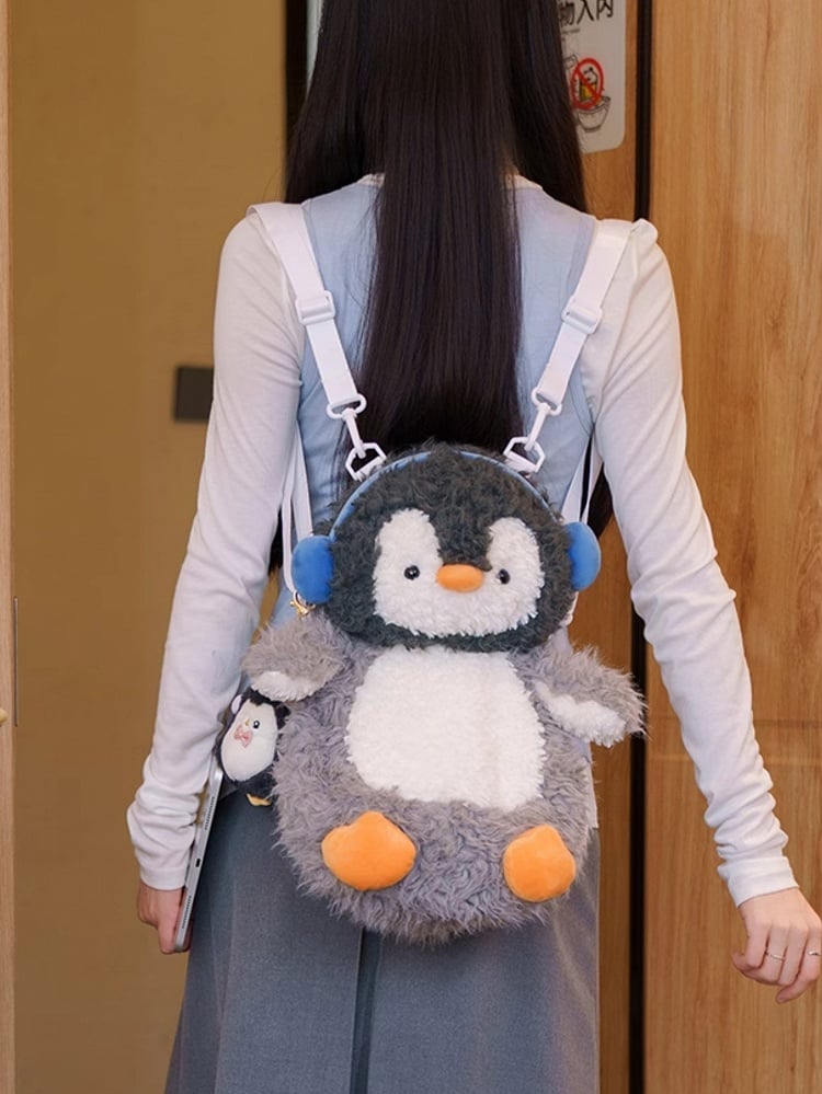 Gray Cute Plush Penguin Backpack