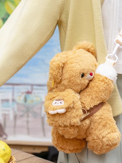 Dark Yellow Bear Plush Backpack Crossbody Bag + Plush Bear Backpack Keychain Small/Middle/Large Size