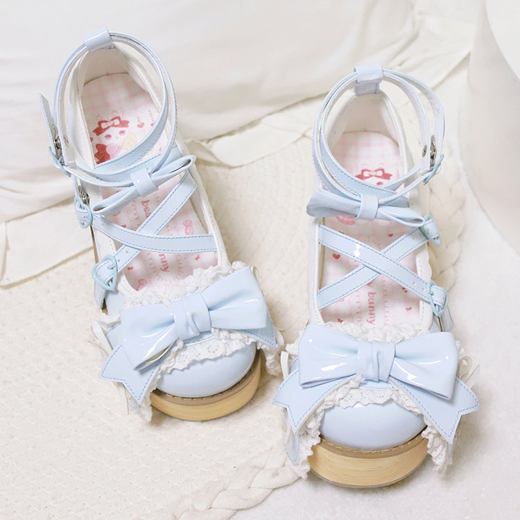 Polished Blue Bunny Ear Bowknot Old School Sweet Lolita Platforms
